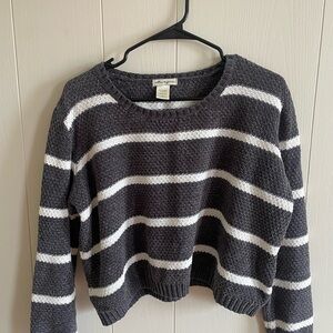 Gray and White Striped Crew Neck Sweater
